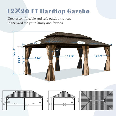 12' X 20' Hardtop Gazebo with Galvanized Steel Double Roof Canopy HouseOfZazla