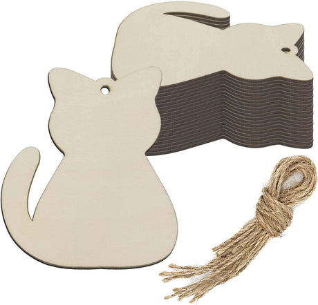 20Pcs Cat Wood DIY Crafts Cutouts Wooden Cat Shaped Hanging Ornaments with Hole Hemp Ropes Gift Tags Pets Decor WoodArtSupply