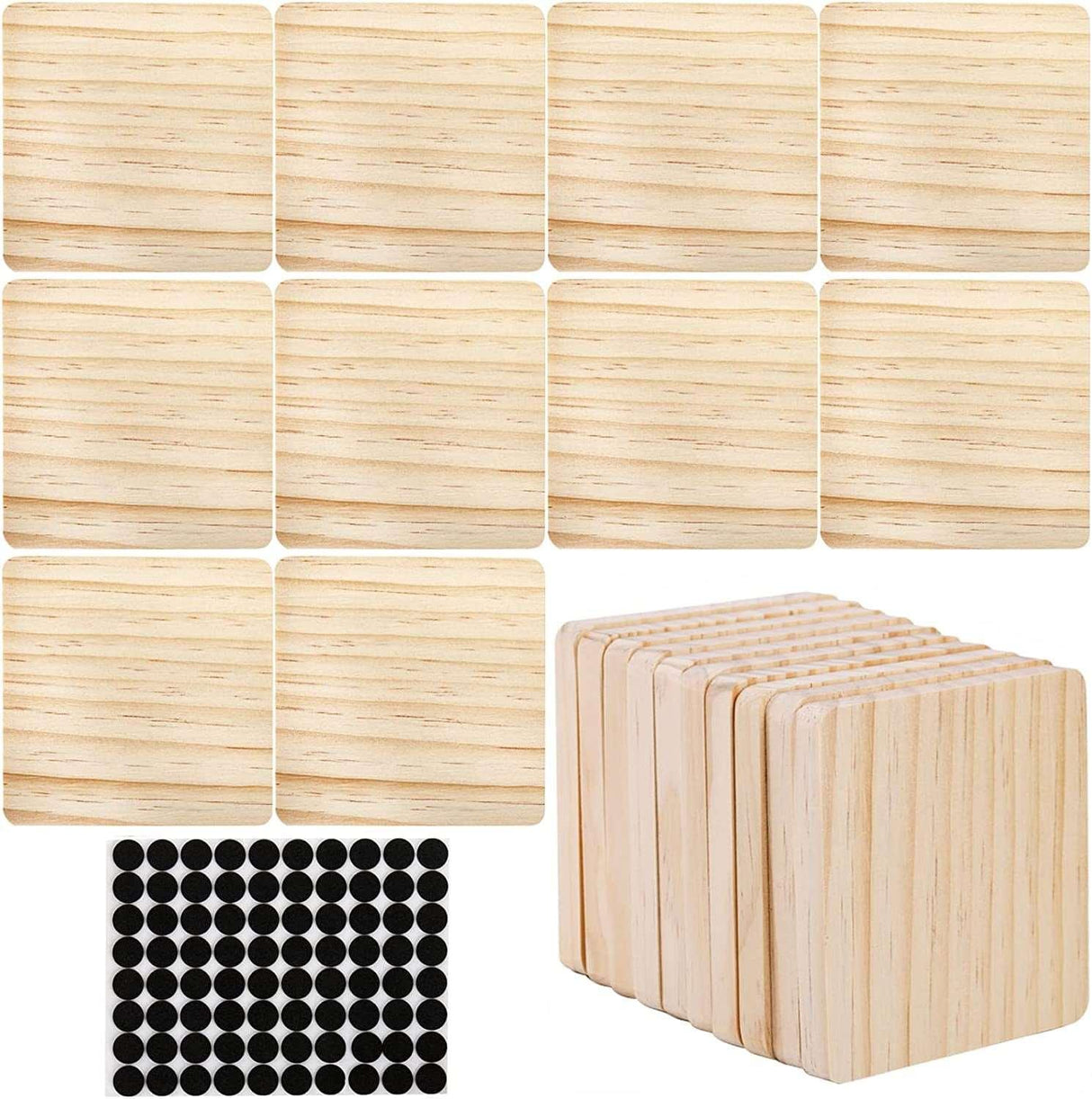 20PCS Unfinished Wood Coasters Square Blank Wooden Crafts Thick with 80PCS Foam Knots DIY 4 X 4 In WoodArtSupply