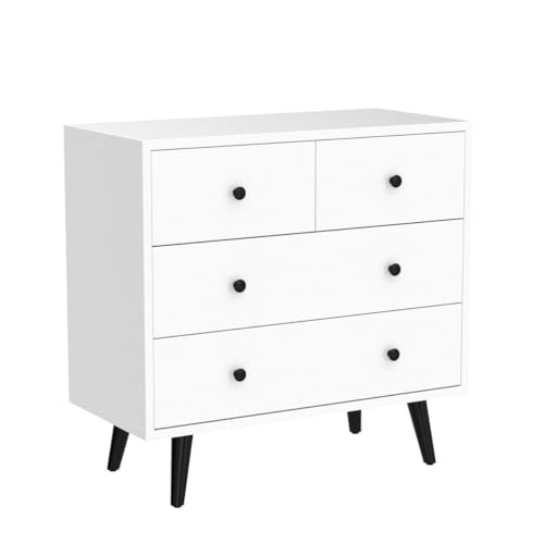 Tangkula 4 Drawer Storage Cabinet, Wood Chest of Drawers, Freestanding Floor Side Cabinet with Legs & Metal Handles, Modern Storage Drawer for Living Room (White) Tangkula