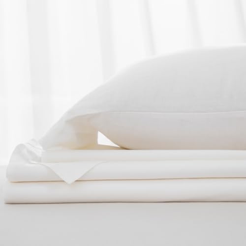 DAUAOTO King Size Linen Blend Sheets Set, 55% Linen 45% Cotton Bedding Sets, Bedlinen Up to 16" Deep, White DAUAOTO