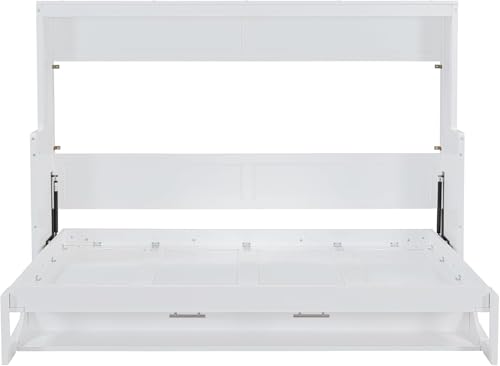 Full Horizontal Murphy Bed with Desk,Solid Wood Folding Hideaway Murphy Wall Bed for Adult,Guest Room (White) MERITLINE
