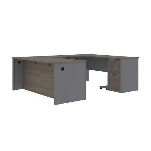 Bestar Prestige + 72W U-Shaped Executive Desk with Pedestal in bark Grey & Slate Bestar