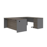Bestar Prestige + 72W U-Shaped Executive Desk with Pedestal in bark Grey & Slate Bestar