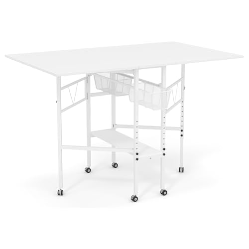 Sew Ready Folding Sewing Craft Table with Storage, Adjustable Height Cutting Desk with Drawers and Wheels for Quilting, Fabric, and Hobby Room, White Sew Ready