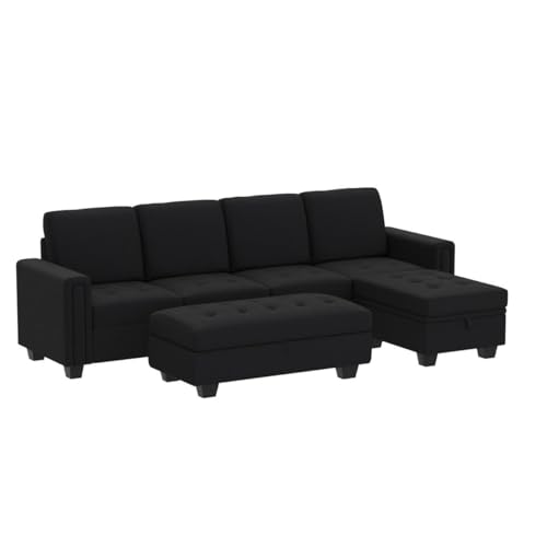 Belffin Velvet Convertible 4-Seat Sectional Sofa with Reversible Chaise L Shaped Sofa Couch Furniture Sets Sectional Couch with Storage Ottoman Black - WoodArtSupply