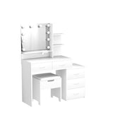 Maupvit Vanity Desk with Mirror and 10 LED Bulbs, Makeup Vanity Set with Charging Station & Nightstand, 5 Drawers Large Capacity, 2 Open Shelves, Dressing Table with Storage Stool for Bedroom, White Maupvit