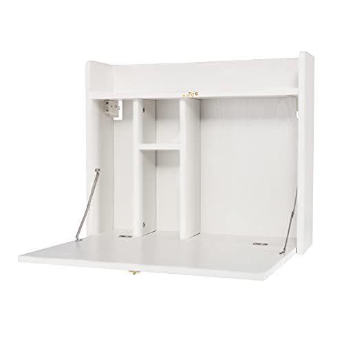 YUSING Wall Mounted Table, Multifunctional Fold Down Wall Mounted Laptop Computer Desk with Storage Compartments for Home, Office, White YU YUSING