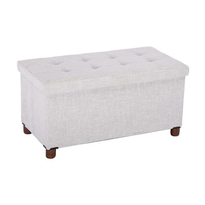 Ao Lei 30 Inches Storage Ottoman Bench with Wooden Legs for Living Room, Folding Foot Rest Removeable Lid for Bedroom End of Bed, Linen Fabric, White