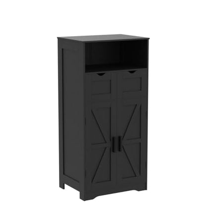 WEENFON Black Floor Cabinet with 2 Doors & 2 Drawers – Stylish Bathroom Storage with Adjustable Shelves - WoodArtSupply