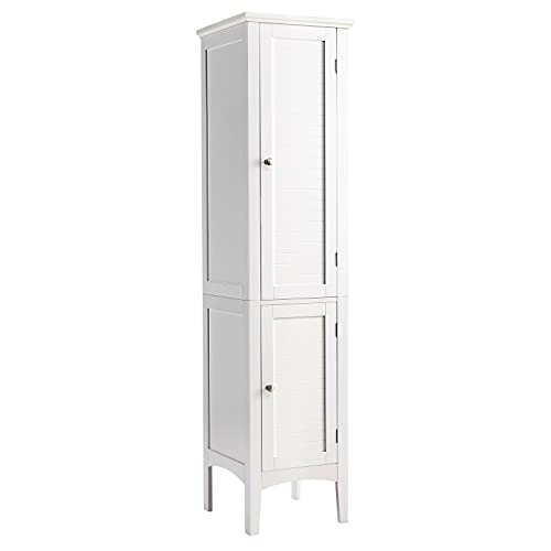 Tangkula Tall Bathroom Storage Cabinet, 5-Tier Wooden Freestanding Tower Cabinet, Narrow Storage Floor Cabinet w/ 2 Doors & Shelves for Bathroom Living Room Kitchen (White)