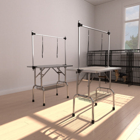 Folding Dog Pet Grooming Table Stainless Steel Frame Rubber Mat On Board With Adjustable Arm And Clamps Pet Dog Cat Grooming Table HouseOfZazla