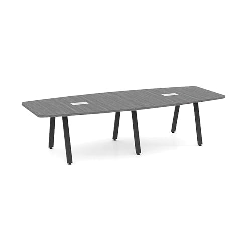 New Modern Executive Laminated Silver Finish 10 ft Conference Table Wood Boat Shaped Metal V Legs Sleek Grommets Racetrack Desk Black 2 Power Data Modules Ports Room Meeting Boardroom Office  - WoodArtSupply