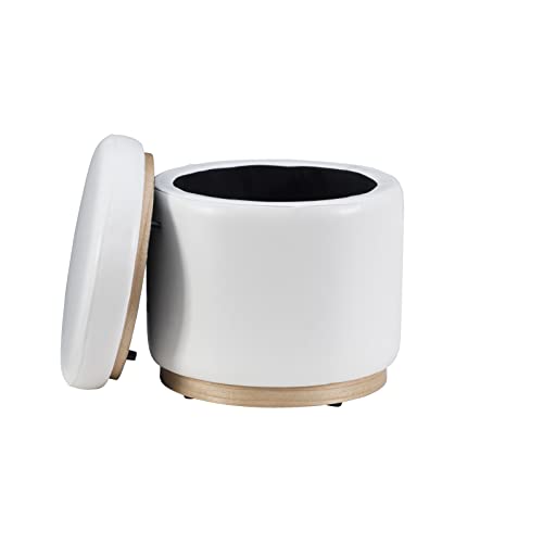 Linon Lexington White Faux Leather Round Storage Ottoman with Wood Accent Linon
