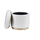 Linon Lexington White Faux Leather Round Storage Ottoman with Wood Accent Linon