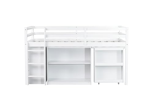 SOFTSEA Twin Size Low Loft Bed with Desk and Storage, Twin Size Loft Bed with Portable Desk, Storage Drawers & Shelves for Kids Teens, Wood Loft Bed with Bookshelf, White SOFTSEA