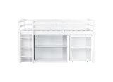 SOFTSEA Twin Size Low Loft Bed with Desk and Storage, Twin Size Loft Bed with Portable Desk, Storage Drawers & Shelves for Kids Teens, Wood Loft Bed with Bookshelf, White SOFTSEA