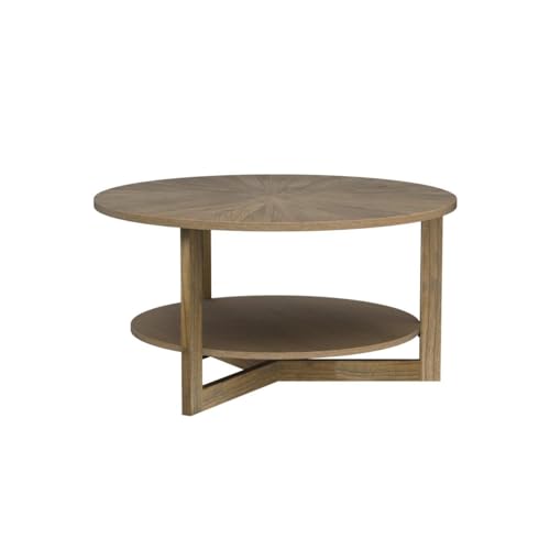 LEEMTORIG Round Wooden Coffee Table Living Room, 2-Tier Circle Round Coffee Table with Storage, Farmhouse Solid Wood Coffee Table, Yellowish Brown, KFZ-3338 LEEMTORIG