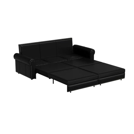 Tabaray 93.7" King Pull Out Sofa Bed, Faux Leather Sleeper Sofa Couch, 3 in 1 Convertible Futon Couches for Living Room, Small Space, Apartment, Office, Bedroom, Modern Rivet Armrest, Black Tabaray