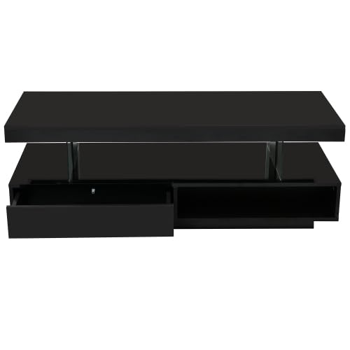 LUMISOL High Gloss Coffee Table with 16 Colors LED Lights, UV Cocktail Table with 2 Drawers and Display Shelf, Modern Center Table for Living Room, Black LUMISOL