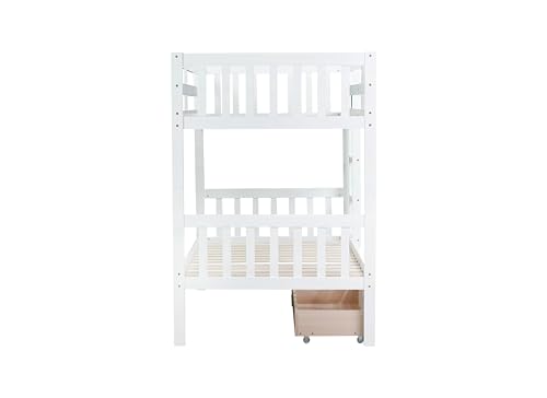 PVWIIK Twin Over Twin Wood Bunk Bed with 2 Drawers for Girls,Boys,Convertible into 2 Beds,Wood Bunk Bed with Ladder and Safety Guardrails,No Box Spring Needed, White PVWIIK
