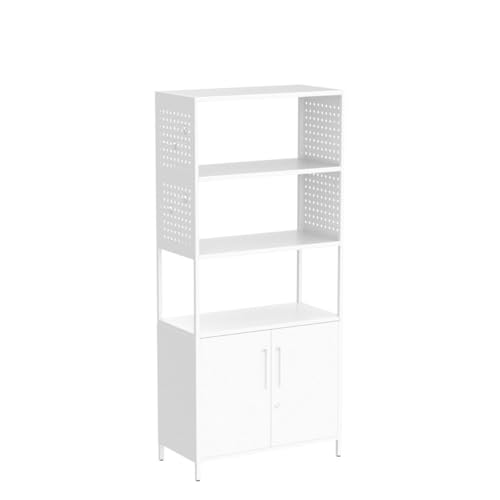 Yizosh 5-Tier Bookshelf, Tall Bookcase with Doors, Modern Display Cabinet with Lock & Pegboard, Metal Storage Organizer Shelves for Living Room, Bedroom, Home Office (White)