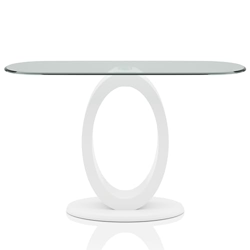 Furniture of America Modine 47" Long Contemporary Console Tables, Modern Furniture, Beveled Tempered Glass, O-Shaped High Gloss Pedestal, for Entryway, Hallway, Living Room, White Furniture of America