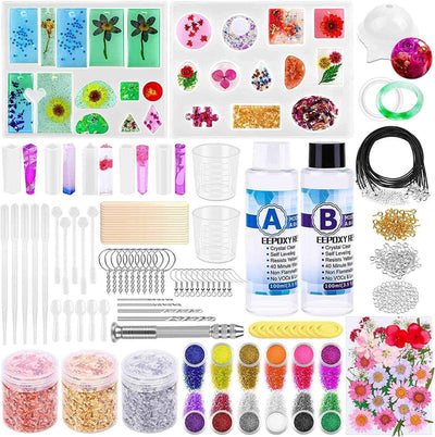 219Pcs Resin Kit Mold Kit Molds Silicone and Epoxy Supplies Dried Flowers, Foil Flakes, Necklace Cord, Earring Hooks