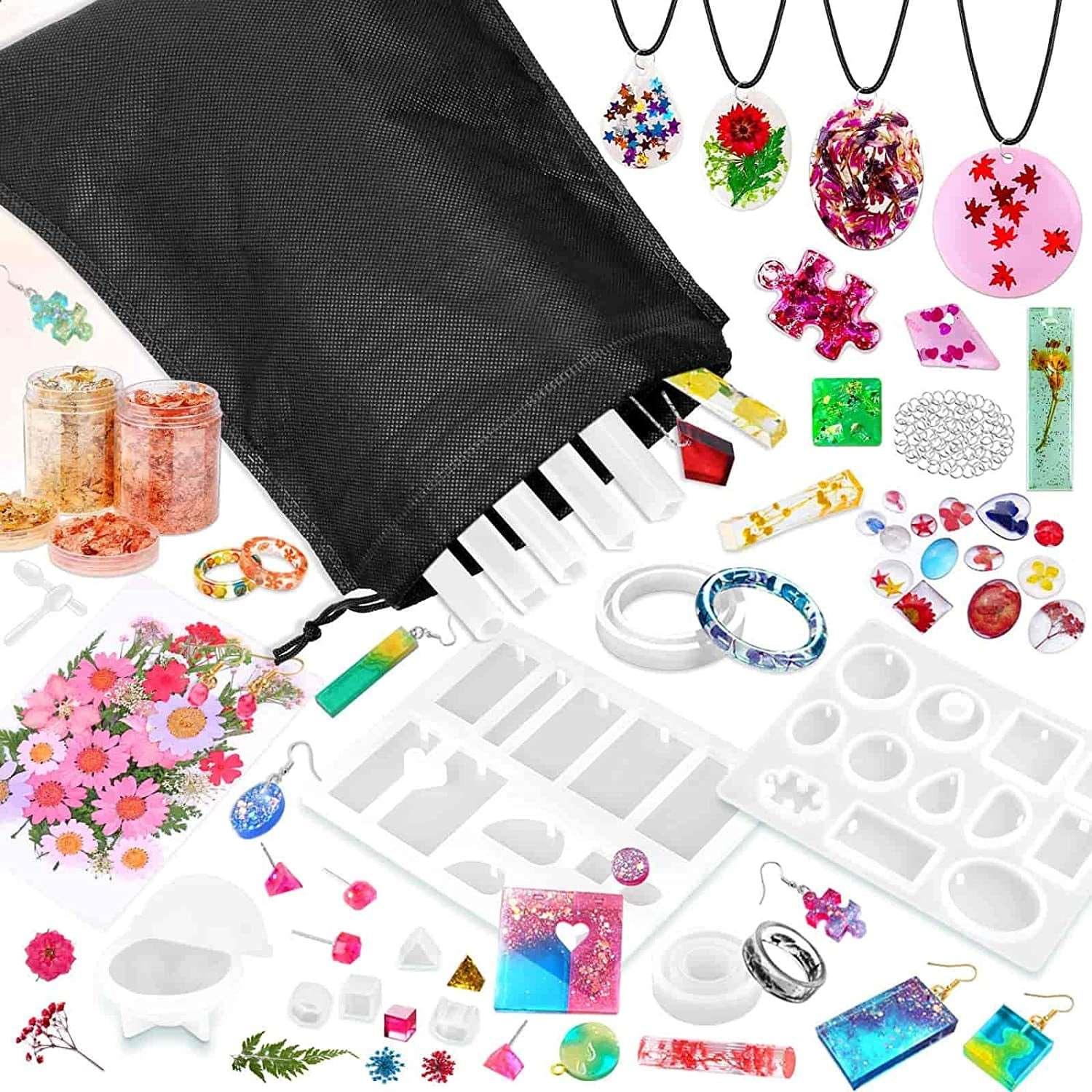 219Pcs Resin Kit Mold Kit Molds Silicone and Epoxy Supplies Dried Flowers, Foil Flakes, Necklace Cord, Earring Hooks - WoodArtSupply