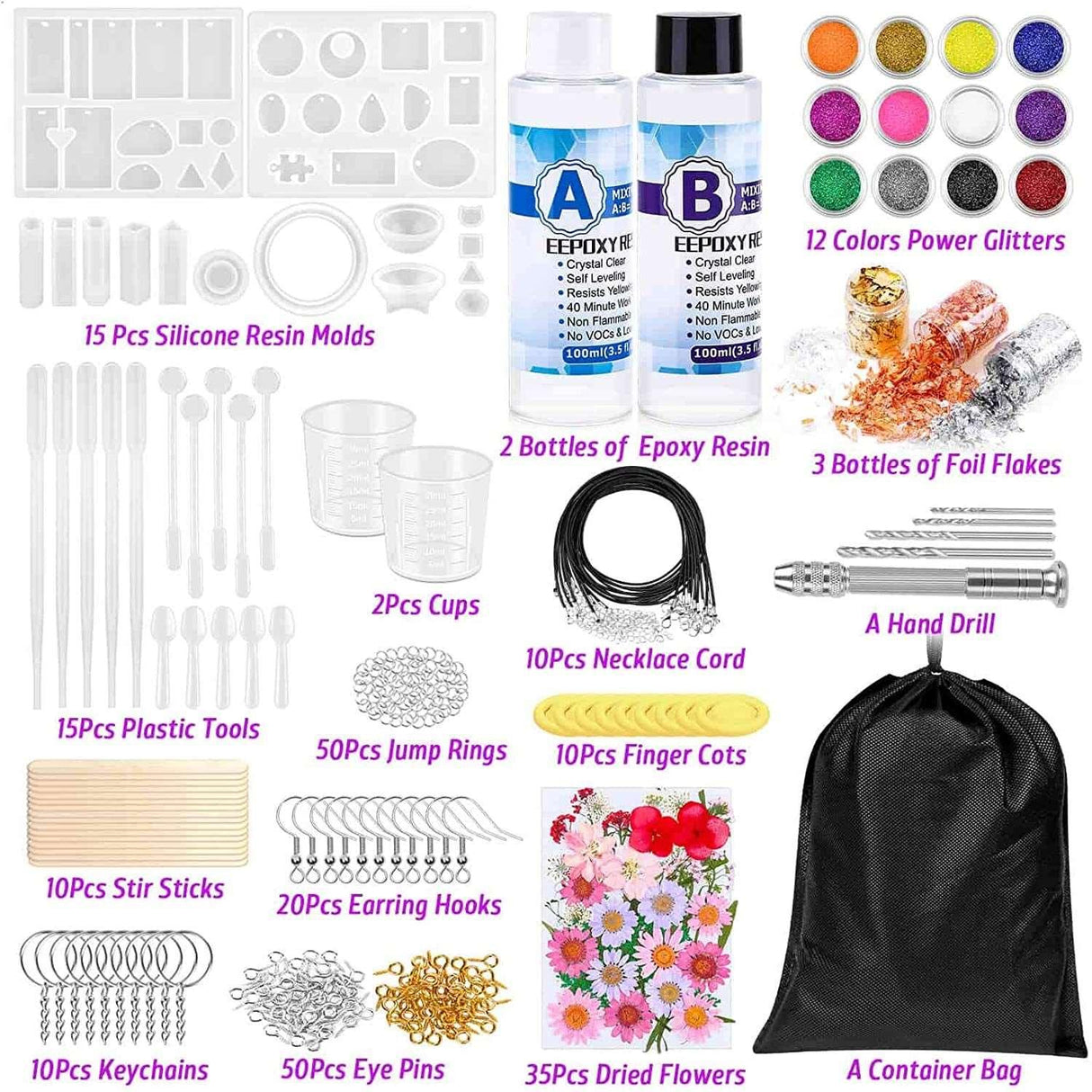 219Pcs Resin Kit Mold Kit Molds Silicone and Epoxy Supplies Dried Flowers, Foil Flakes, Necklace Cord, Earring Hooks WoodArtSupply