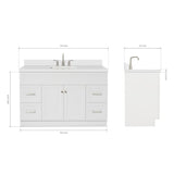 ARIEL Hamlet 55" White Bathroom Vanity with Sink, 1.5" Edge Pure White Quartz Countertop & Backsplash, Rectangular Sink, 2 Soft Closing Doors, 4 Full Extension Dovetail Drawers, Built in Toe Kick ARIEL