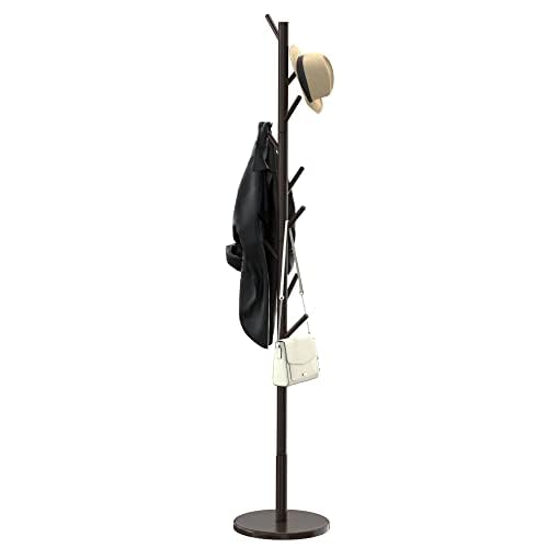 Wooden Freestanding Coat Tree with 4 Height Options and 9 Hooks, Sturdy Coat Rack Stand for Clothes/Bags/Hats,Easy Assemble Save Space for Entryway,Bedroom,Office,Narrow Place-Coffee - WoodArtSupply