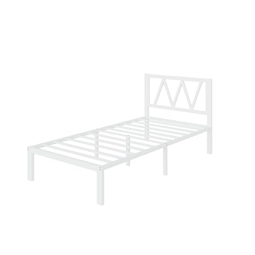 Avenco 14 Inch Twin Bed Frame with Headboard, White Metal Platform Bed Frame, Twin Size Bed Frame No Box Spring Needed, Easy Assembly, Heavy Duty Slats Support Avenco