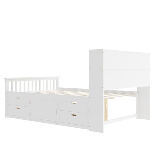 Merax Full Size Modern Captain Platform Bed Frame with Storage Shelves, 4 Drawers & Bookcase Headboard, White Merax