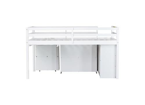 SOFTSEA Twin Size Low Loft Bed with Desk and Storage, Twin Size Loft Bed with Portable Desk, Storage Drawers & Shelves for Kids Teens, Wood Loft Bed with Bookshelf, White SOFTSEA