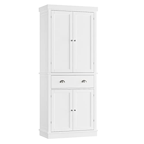 FOTOSOK 72" Utility Pantry Storage Cabinets for Kitchen, Dining Room, Living Room, White , Freestanding Cupboard with 4 Doors, Drawer, 4 Shelves