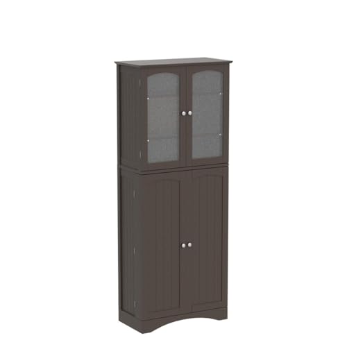 Gizoon 64" Kitchen Pantry Cabinet, Tall Storage Cabinet with Glass Doors and Adjustable Shelves, Freestanding Floor Cabinet Cupboard for Kitchen, Living Room, Dining Room (Dark Brown) - WoodArtSupply