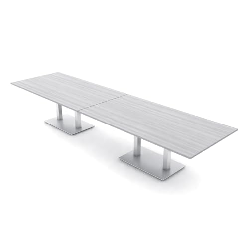 14 Person Rectangle Conference Table with Brushed Silver Square Metal Base | Scratch-Resistant Laminate | Harmony Series Modular Meeting Tables for Office and Homes | White Cypress - 14’ SKUTCHI DESIGNS INC.