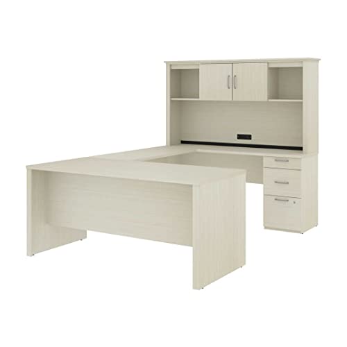 Bestar Logan 66W U or L-Shaped Executive Office Desk with Pedestal and Hutch in white chocolate Bestar