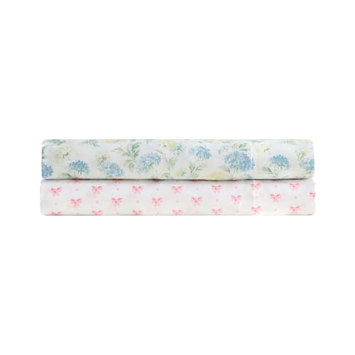 Laura Ashley - Full Size Sheet Set, Crisp & Cool Printed Satin Bedding with a Light and Breathable Feel, 4 Piece Bed Sheets with Deep Pocket Fitted Sheet & Matching Pillowcases (Edwina Blue) Laura Ashley