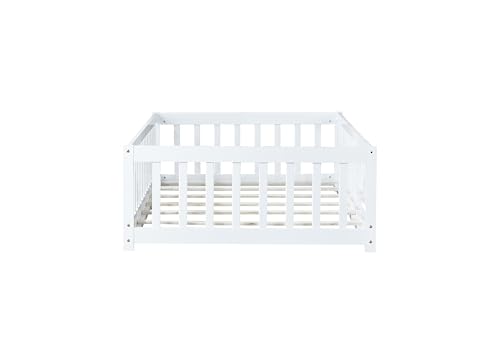 Twin Floor Bed with Slats, Fence and Door, Twin Size Montessori Floor Bed for Kids, Girls, Boys, Easy Assemble Montessori Bed Frame(Twin White) Bellemave