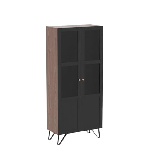 Elegant ECACAD 3-Tier Bookcase Storage Cabinet with Acrylic Glass Doors - Brown and Black - WoodArtSupply