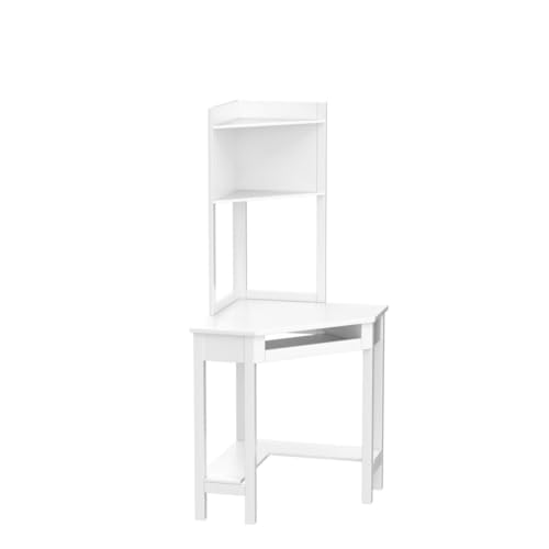 Tangkula White Corner Desk with Hutch, 90 Degrees Triangle Computer Desk with Keyboard Tray & Bookshelves for Small Space, Space Saving Writing Desk with Storage Shelves for Bedroom Apartment - WoodArtSupply