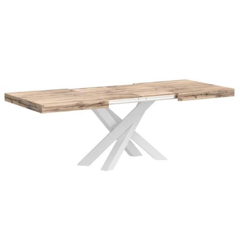 Mobili Fiver, Emma 140 Extendable Dining Table, Rustic Oak with White Crossed Legs, Laminate-Finished/Iron, Made in Italy - WoodArtSupply