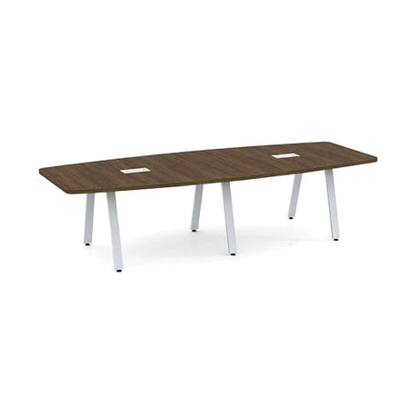 Limited Edition Executive 10 ft Conference Table Boat Shaped Metal V Legs Sleek Grommets Racetrack Desk Silver 2 Power Data Modules Boardroom Meeting Office Business Laminated Walnut Finish Wood New WoodArtSupply