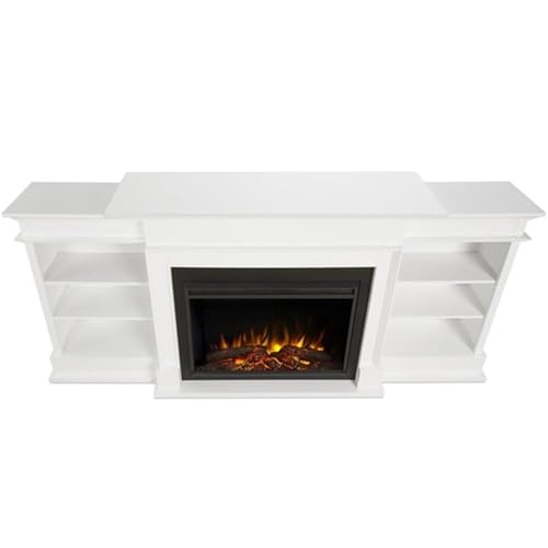 BOWERY HILL 92" W Modern Wood Electric Fireplace TV Stand with Mantel & Remote Control, 6-Feet Power Cord and Hardware, 5 Flame Brightness Levels, for TVs up to 85", in White & Black Finish BOWERY HILL