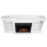 BOWERY HILL 92" W Modern Wood Electric Fireplace TV Stand with Mantel & Remote Control, 6-Feet Power Cord and Hardware, 5 Flame Brightness Levels, for TVs up to 85", in White & Black Finish BOWERY HILL