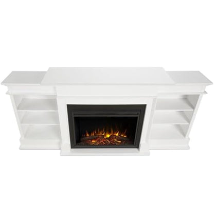 BOWERY HILL 92" W Modern Wood Electric Fireplace TV Stand with Mantel & Remote Control, 6-Feet Power Cord and Hardware, 5 Flame Brightness Levels, for TVs up to 85", in White & Black Finish