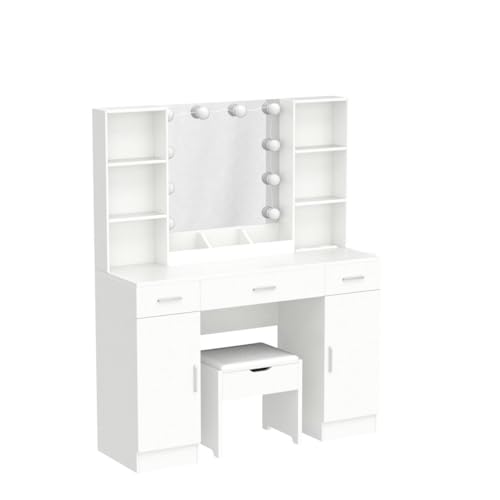 Vabches Makeup Vanity Table with Lighted Mirror & Power Strip, Large Vanity Set Vanity Desk with Storage Stool, 3 Lighting Modes, Brightness Adjustable, 45.2in(L) Vabches