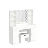 Vabches Makeup Vanity Table with Lighted Mirror & Power Strip, Large Vanity Set Vanity Desk with Storage Stool, 3 Lighting Modes, Brightness Adjustable, 45.2in(L) Vabches